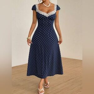 Polka Dot Print Patchwork Sweetheart Neck Puff Short Sleeve A-Line Midi Dress L
